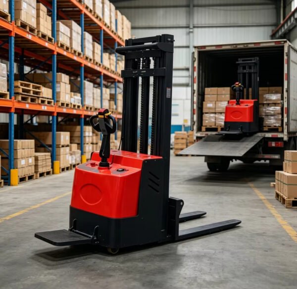 Main-01 SR-CC08 2t Full Electric Stacker Small Lithium Battery Powered Container Walkie Straddle Stacker Forklift